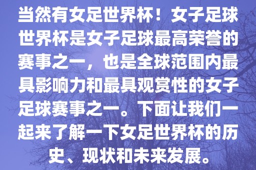 当然有女足世界杯！女子足球世界杯是女子足球最高荣誉的赛事之一，也是全球范围内最具影响力和最具观赏性的女子足球赛事之一。下面让我们一起来了解一下女足世界杯的历史、现状和未来发展。