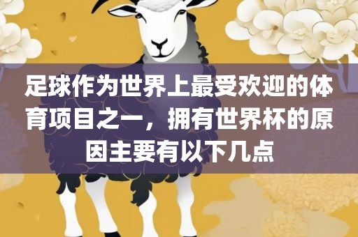 足球作为世界上最受欢迎的体漯河市盈旭机械设备有限公司育项目之一，拥有世界杯的原因主要有以下几点
