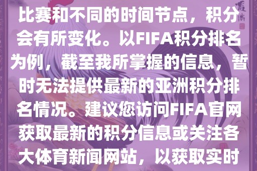 关于世界杯亚洲积分，不同的比赛和不同的时间节点，积分会有所变化。以FIFA积分排名为例，截至我所掌握的信息，暂时无法提供最新的亚洲积分排名情况。建议您访问FIFA官网获取最新的积分信息或关注各大体育新闻网站，以获取实时的世界杯亚洲积分排名。
