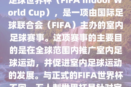 五人制世界杯，也被称为室内足球世界杯（FIFA Indoor World Cup），是一项由国际足球联合会（FIFA）主办的室内足球赛事。这项赛事的主要目的是在全球范围内推广室内足球运动，并促进室内足球运动的发展。与正式的FIFA世界杯不同，五人制世界杯是针对室内足球的比赛。