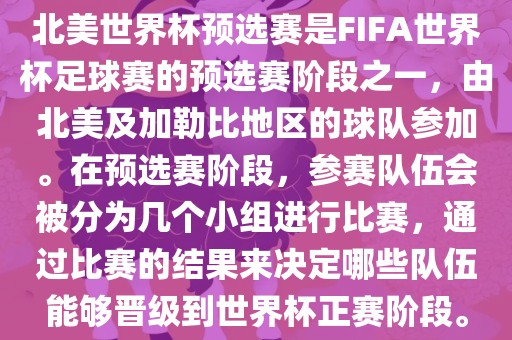 北美世界杯预选赛是FIFA世界杯足球赛的预选赛阶段之一，由北美及加勒比地区的球队参加。在预选赛阶段，参赛队伍会被分为几个小组进行比赛，通过比赛的结果来决定哪些队伍能够晋级到世界杯正赛阶段。