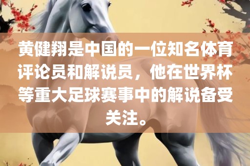 黄健翔是中国的一位知名体育评论员和解说员，他在世界杯等重大足球赛事中的解说备受关注。