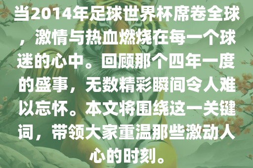 当2014年足球世界杯席卷全球，激情与热血燃烧在每一个球迷的心中。回顾那个四年一度的盛事，无数精彩瞬间令人难以忘怀。本文将围绕这一关键词，带领大家重温那些激动人心的时刻。