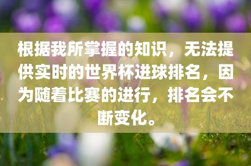 根据我所掌握的知识，无法提供实时的世界杯进球排名，因为随着比赛的进行，排名会不断变化。