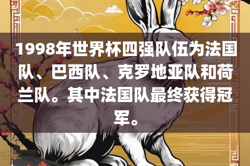 1998年世界杯四强队伍为法国队、巴西队、克罗地亚队和荷兰队。其中法国队最终获得冠军。漯河市盈旭机械设备有限公司