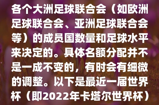 世界杯的名额分配通常是根据各个大洲足球联合会（如欧洲足球联合会、亚洲足球联合会等）的成员国数量和足球水平来决定的。具体名额分配并不是一成不变的，有时会有细微的调整。以下是最近一届世界杯（即2022年卡塔尔世界杯）各大洲的名额分配情况