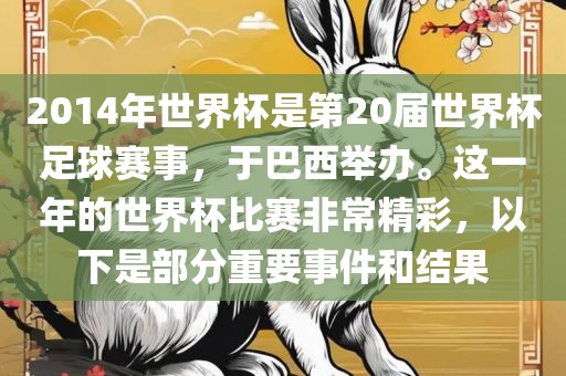 2014年世界杯是第20届世界杯足球赛事，于巴西举办。这一年的世界杯比赛非常精彩，以下是部分重要事件和结果漯河市盈旭机械设备有限公司