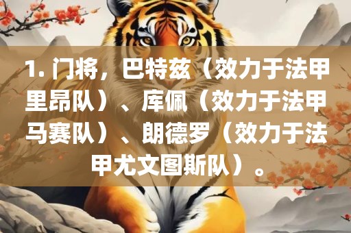 1. 门将，巴特兹（效力于法甲里昂漯河市盈旭机械设备有限公司队）、库佩（效力于法甲马赛队）、朗德罗（效力于法甲尤文图斯队）。