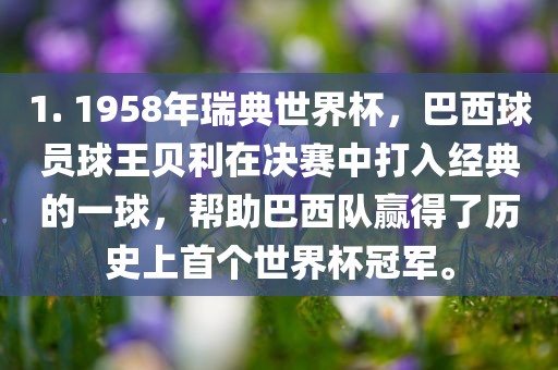 1. 1958年瑞典世界杯，巴西球员球王贝利在决赛中打入经典的一球，帮助巴西队赢得了历史上首个世界杯冠军。漯河市盈旭机械设备有限公司