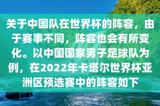 关于中国队在世界杯的阵容，由于赛事不同，阵容也会有所变化。以中国国家男子足球队为例，在2022年卡塔尔世界杯亚洲区预选赛中的阵容如下