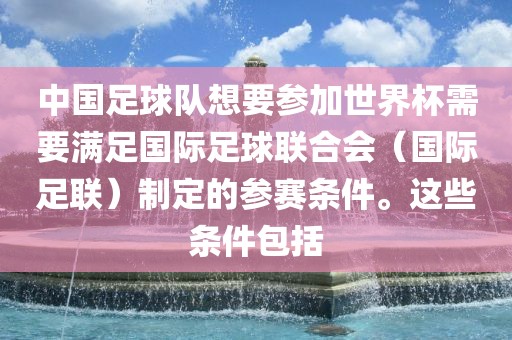 中国足球队想要参加世界杯需要满足国际足球联合会（国际足联）制定的参赛条件。这些条件包括漯河市盈旭机械设备有限公司