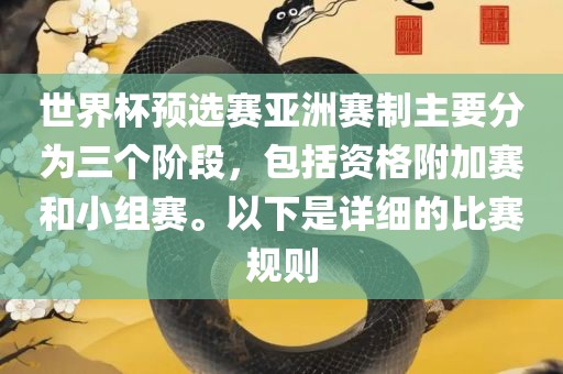 世界杯预选赛亚洲赛制主要分为三个阶段，包括资格附加赛和小组赛。以下是详细的比赛规则