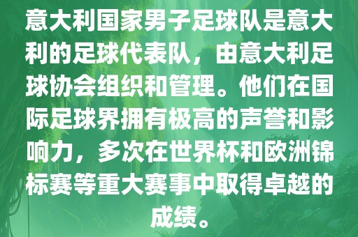 意大利国家男子足球队是意大利的足球代表队，由意大利足球协会组织和管理。他们在国际足球界拥有极高的声誉和影响力，多次在世界杯和欧洲锦标赛等重大赛事中取得卓越的成绩。